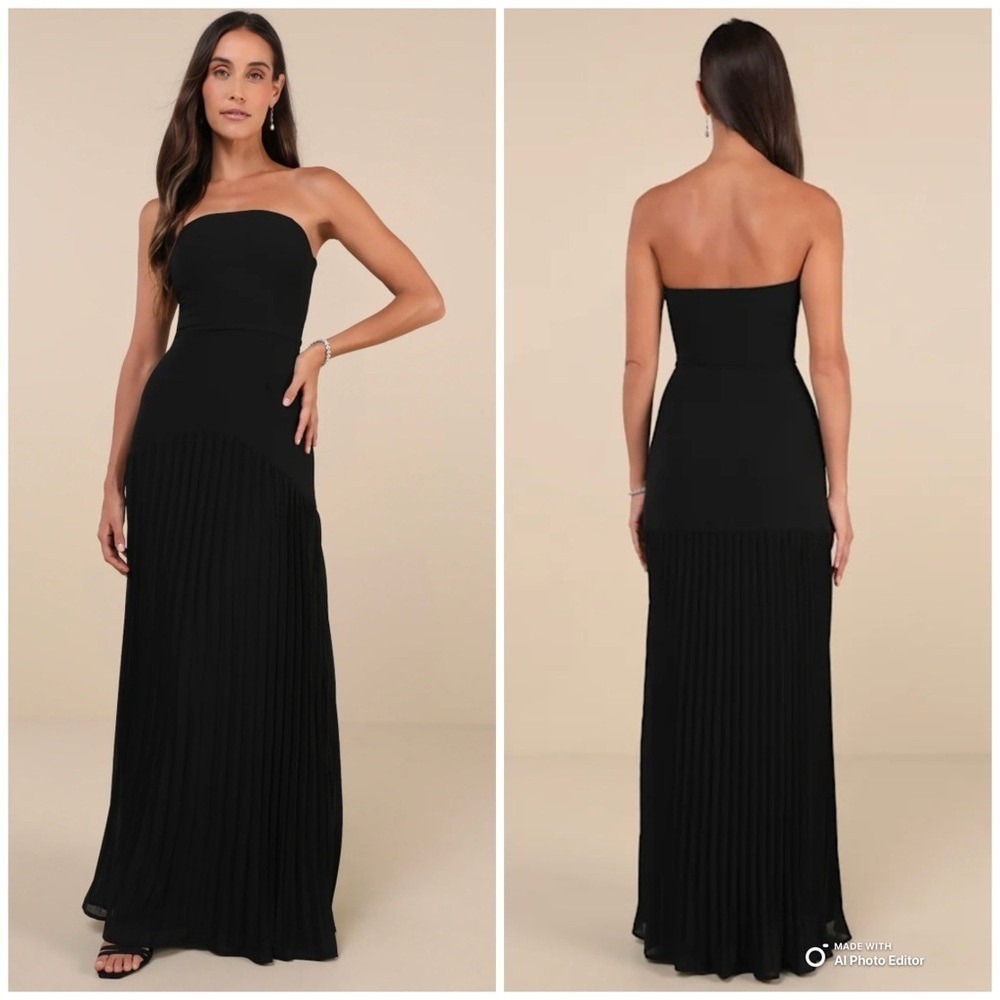 Lulus Medium Celebratory Aesthetic Black Pleated Strapless Maxi Dress NWT Formal